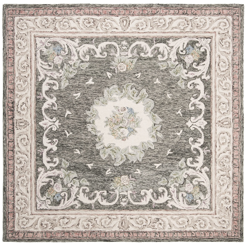 Safavieh Aubusson 6' Square Hand Tufted Wool Rug in Ivory and Charcoal