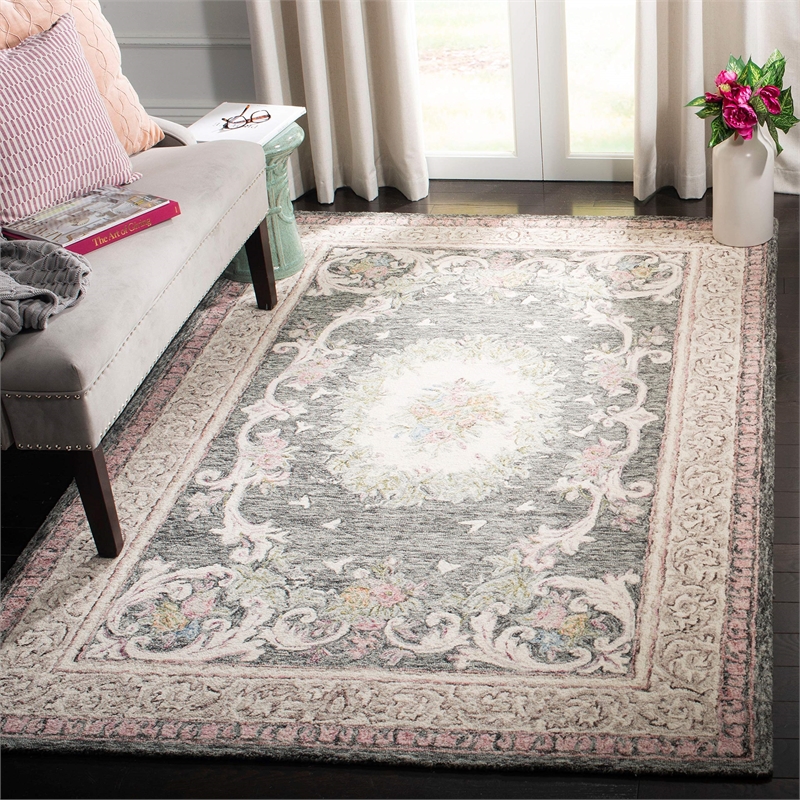 Safavieh Aubusson 8' x 10' Hand Tufted Wool Rug in Ivory and Charcoal