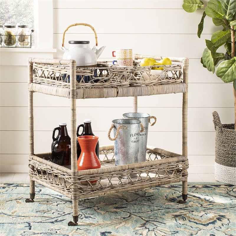 Safavieh Ambrose 2 Tier Rattan Bar Cart in Gray Wash and Antique Brass
