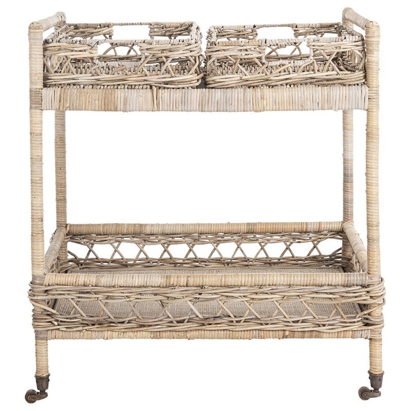 Safavieh Ambrose 2 Tier Rattan Bar Cart in Gray Wash and Antique Brass