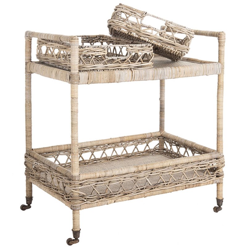 Safavieh Ambrose 2 Tier Rattan Bar Cart in Gray Wash and Antique Brass