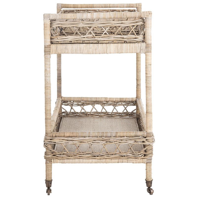 Safavieh Ambrose 2 Tier Rattan Bar Cart in Gray Wash and Antique Brass