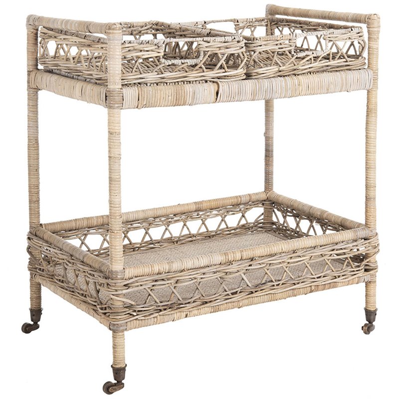 Safavieh Ambrose 2 Tier Rattan Bar Cart in Gray Wash and Antique Brass