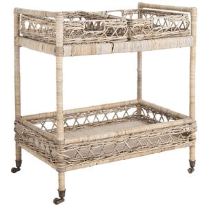 Safavieh Ambrose 2 Tier Rattan Bar Cart in Gray Wash and Antique Brass