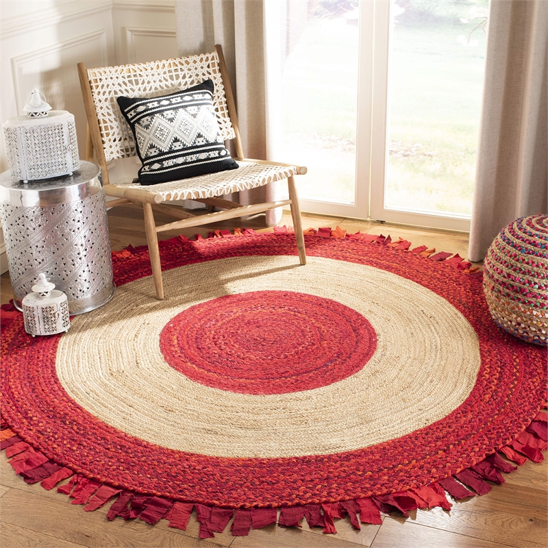 Safavieh Cape Cod 4' Round Hand Woven Jute Rug in Red and Natural