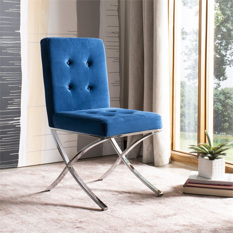 Safavieh Walsh Tufted Dining Side Chair in Navy and Chrome