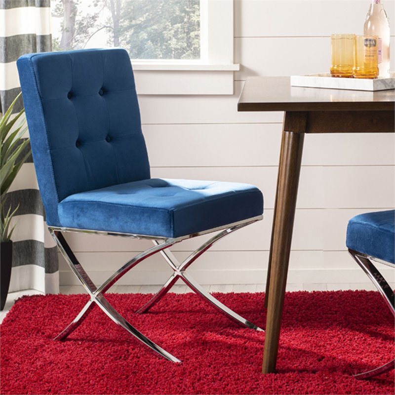 Safavieh Walsh Tufted Dining Side Chair in Navy and Chrome
