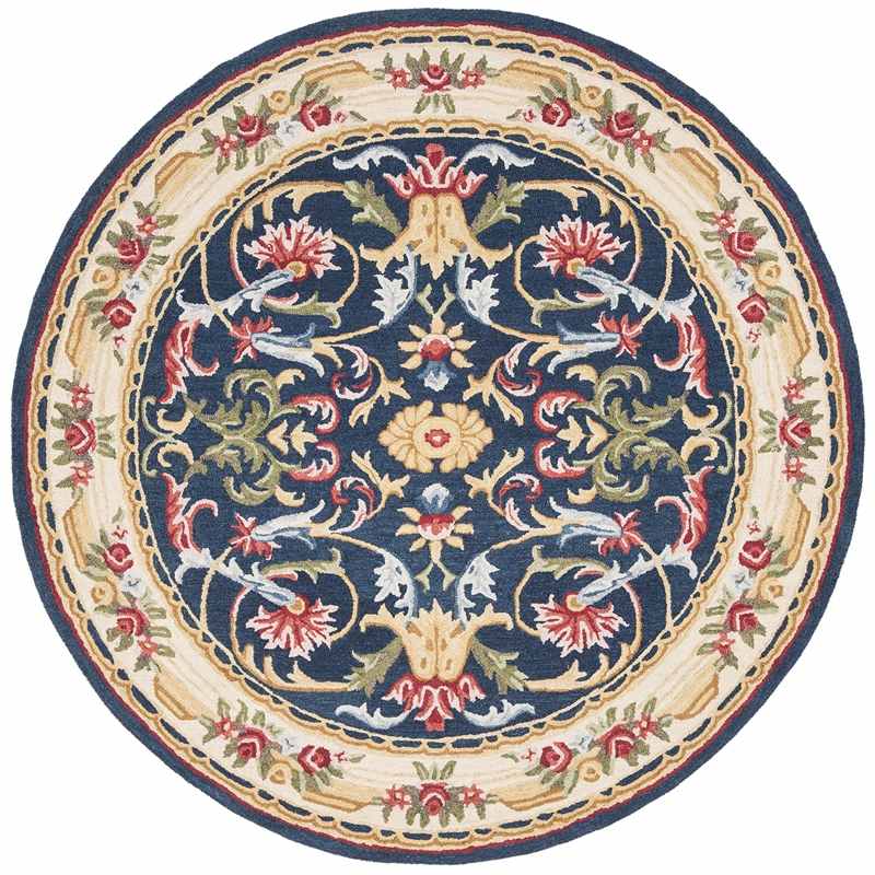 Safavieh Heritage 6' Round Hand Tufted Wool Rug in Navy and Ivory