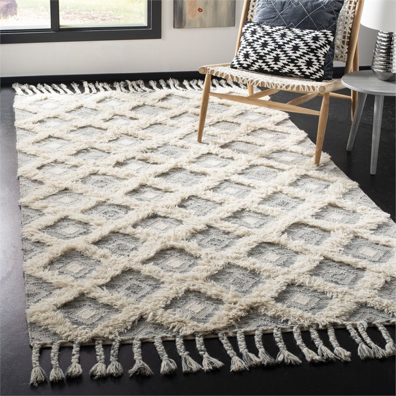 Safavieh Kenya 9' x 12' Hand Knotted Shag Wool Rug in Gray and Ivory