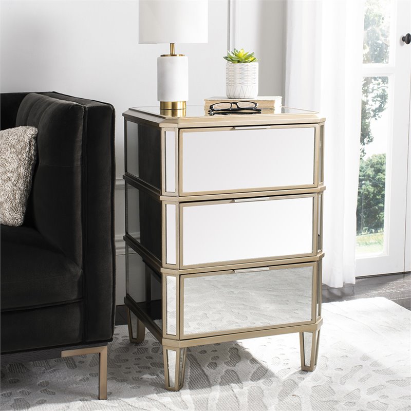 Safavieh Giana 3 Drawer Mirrored Nightstand in Gold