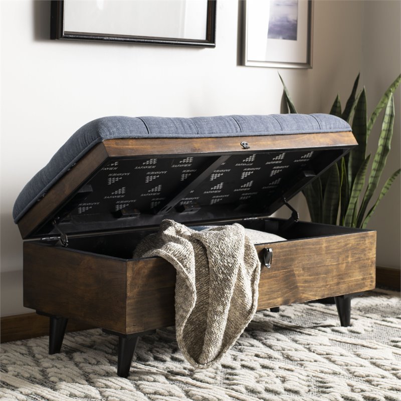 Safavieh Tufted Ottoman Bench in Navy and Dark Oak