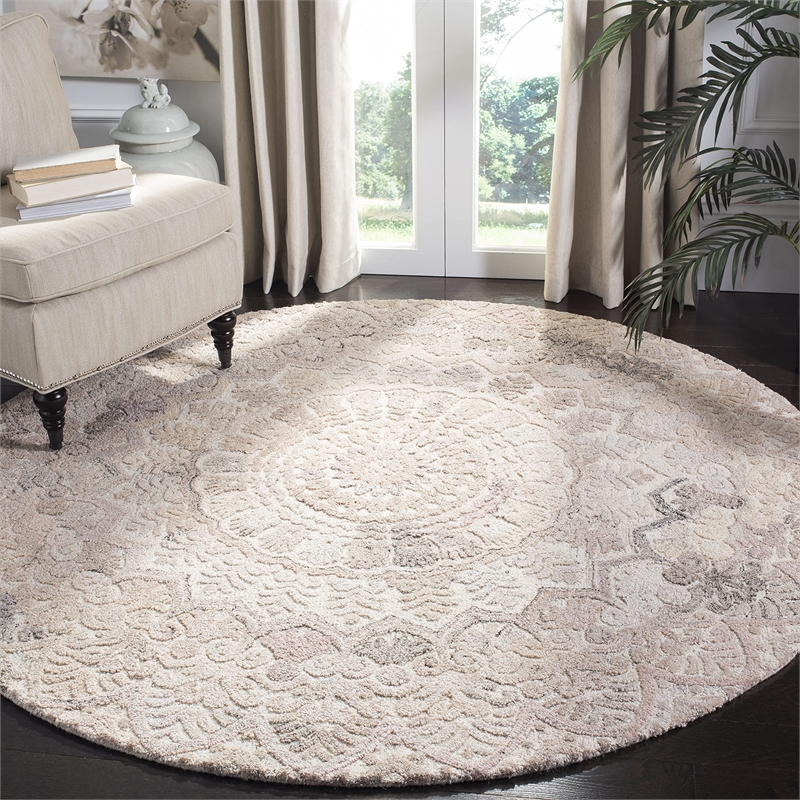 Safavieh Marquee 6' Round Hand Tufted Wool Rug in Beige and Ivory