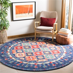 Safavieh Aspen 7' Round Hand Tufted Wool Rug in Navy and Orange