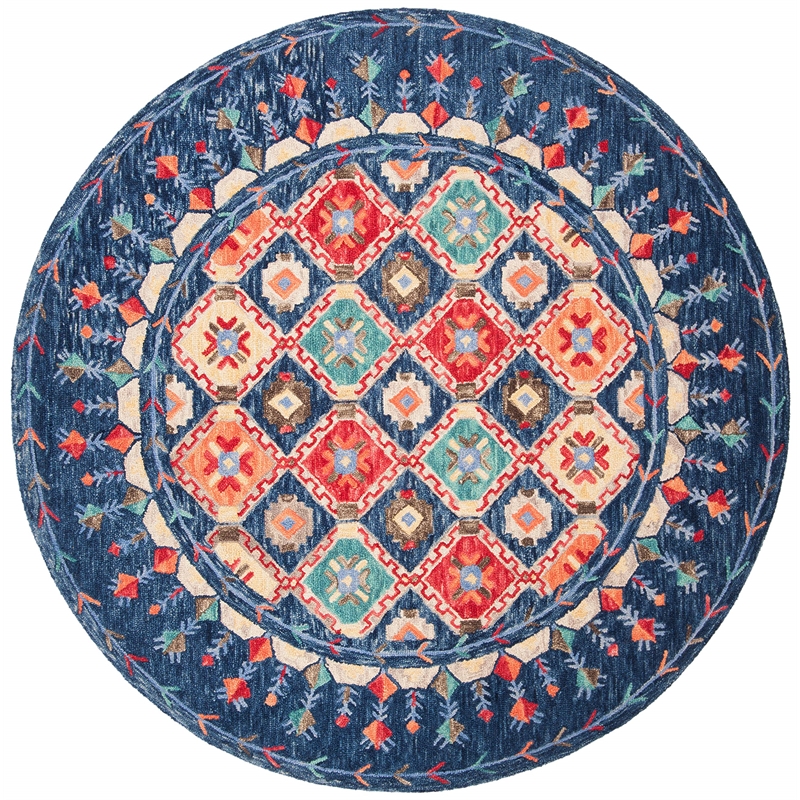 Safavieh Aspen 7' Round Hand Tufted Wool Rug in Navy and Orange