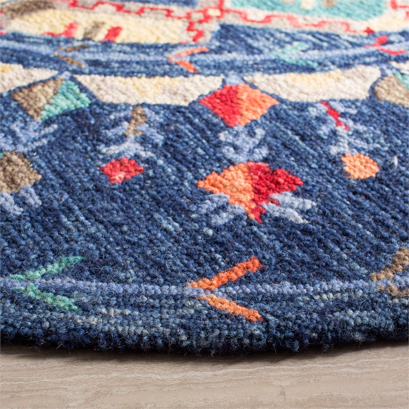 Safavieh Aspen 7' Round Hand Tufted Wool Rug in Navy and Orange