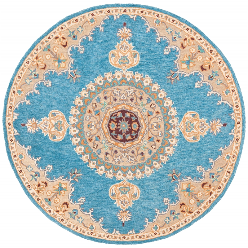 Safavieh Heritage 6' Round Hand Tufted Wool Rug in Blue and Beige