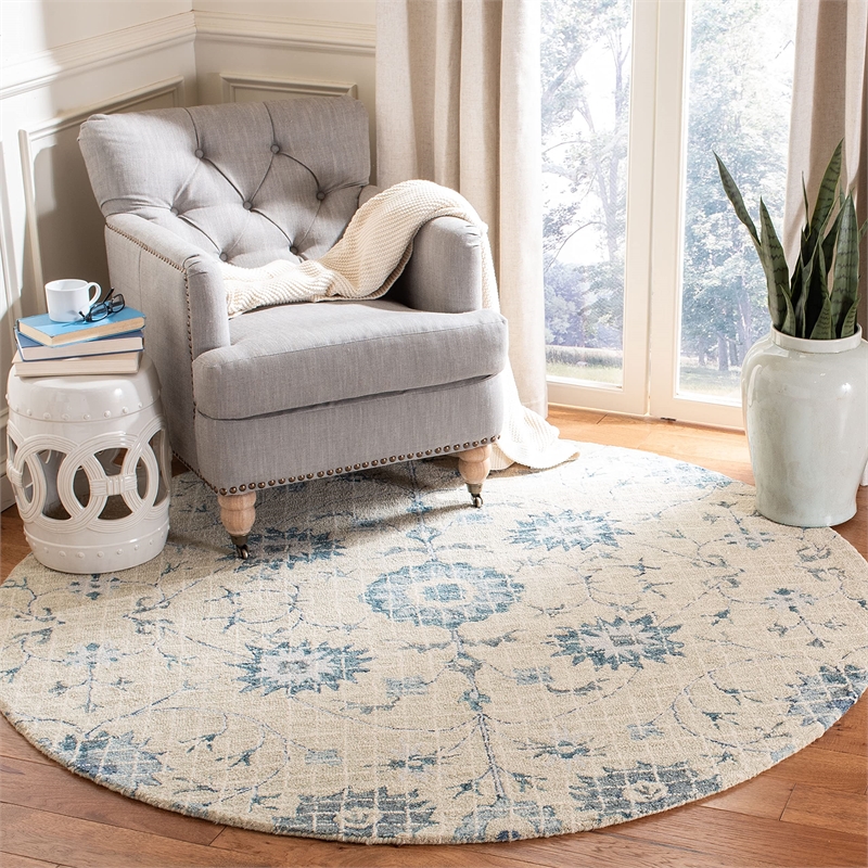 Safavieh Blossom 6' Round Hand Tufted Wool Rug in Silver and Blue