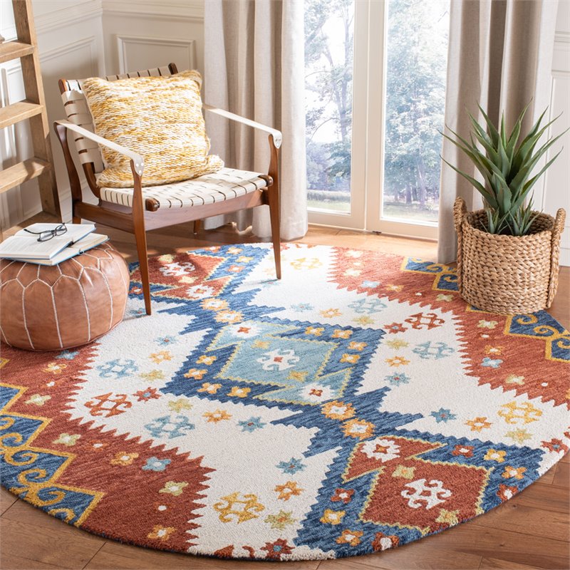 Safavieh Aspen 7' Round Hand Tufted Wool Rug in Ivory and Blue