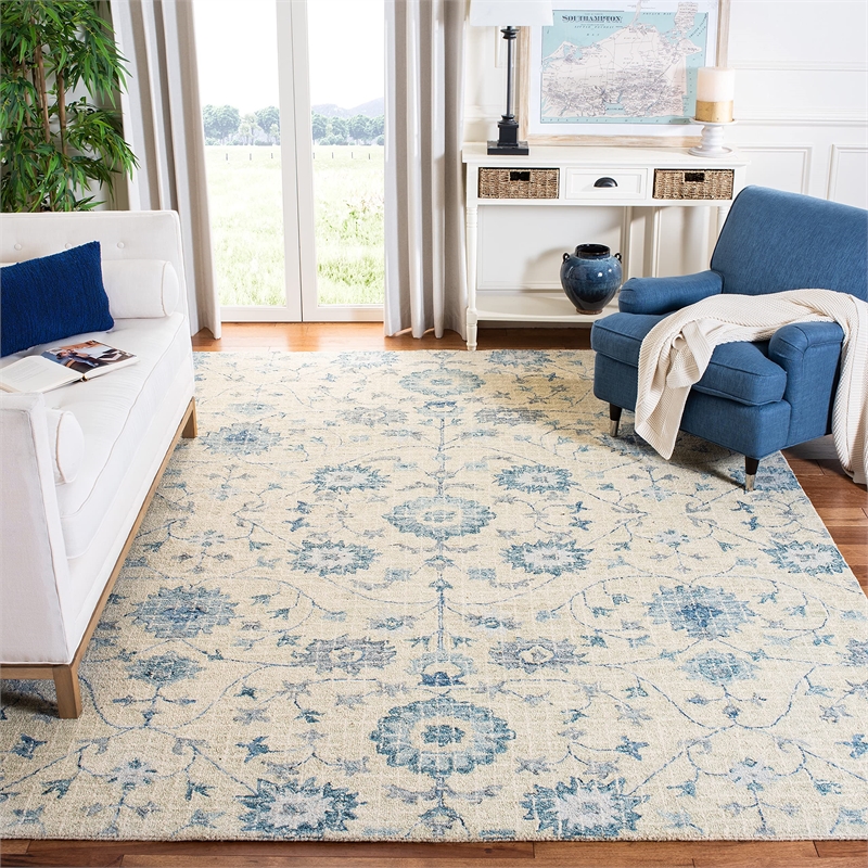 Safavieh Blossom 6' Square Hand Tufted Wool Rug in Silver and Blue