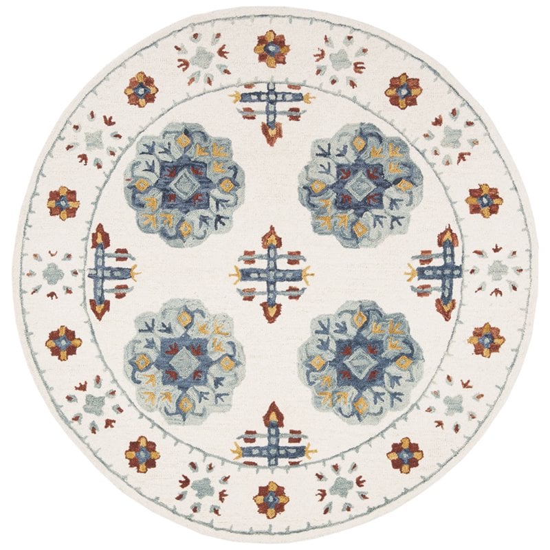 Safavieh Blossom 6' Round Hand Tufted Wool Rug in Blue and Ivory
