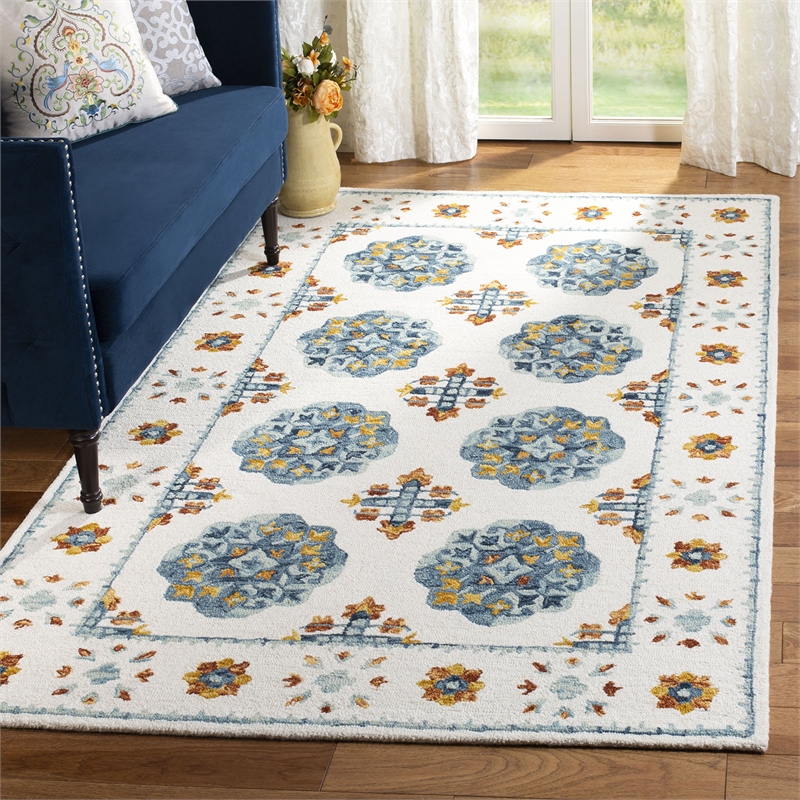 Safavieh Blossom 6' Square Hand Tufted Wool Rug in Blue and Ivory