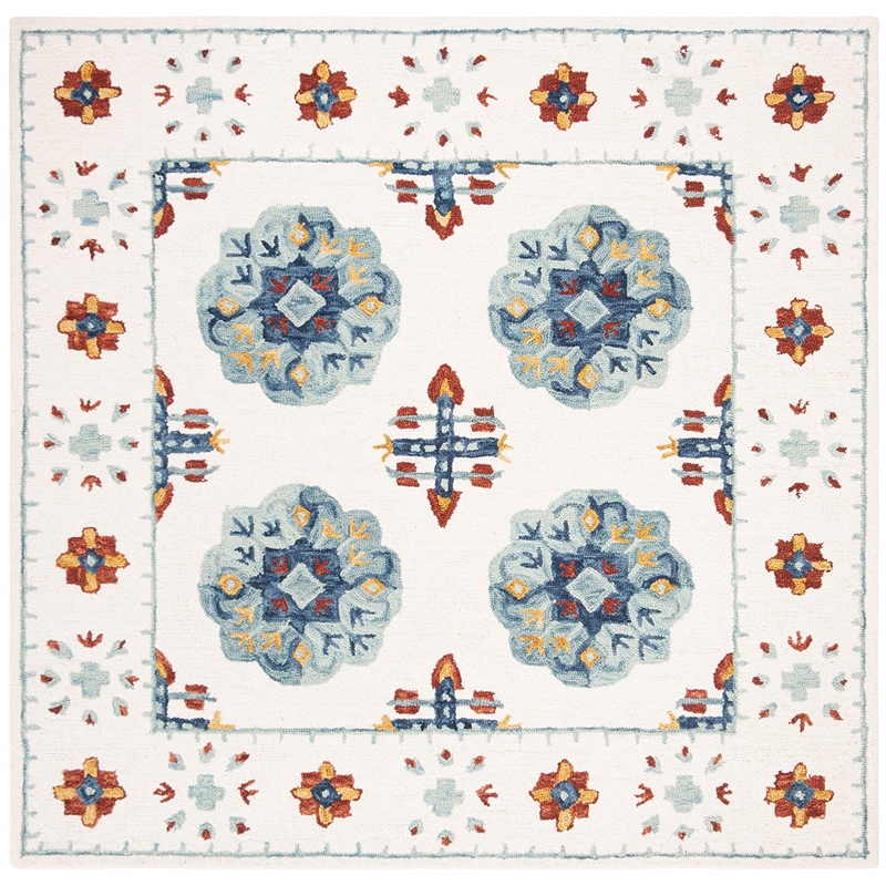 Safavieh Blossom 6' Square Hand Tufted Wool Rug in Blue and Ivory