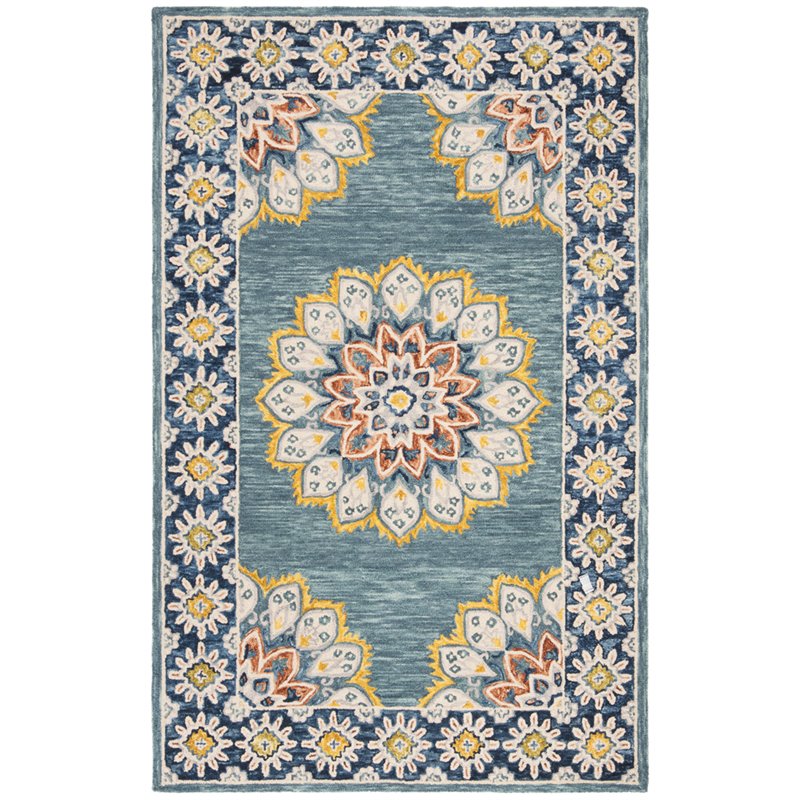 Safavieh Blossom 5' x 8' Hand Tufted Wool Rug in Blue and Gold