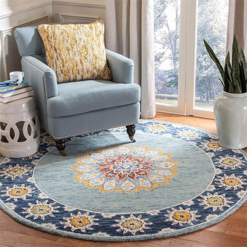 Safavieh Blossom 6' Round Hand Tufted Wool Rug in Blue and Gold