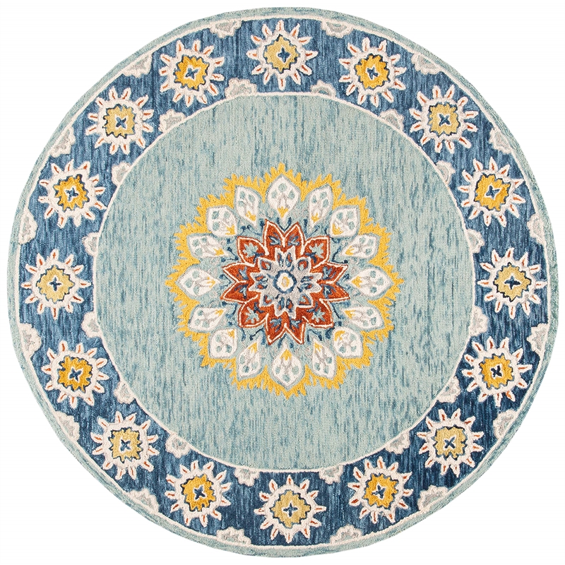 Safavieh Blossom 6' Round Hand Tufted Wool Rug in Blue and Gold