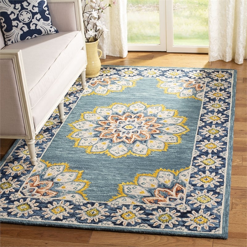Safavieh Blossom 6' Square Hand Tufted Wool Rug in Blue and Gold