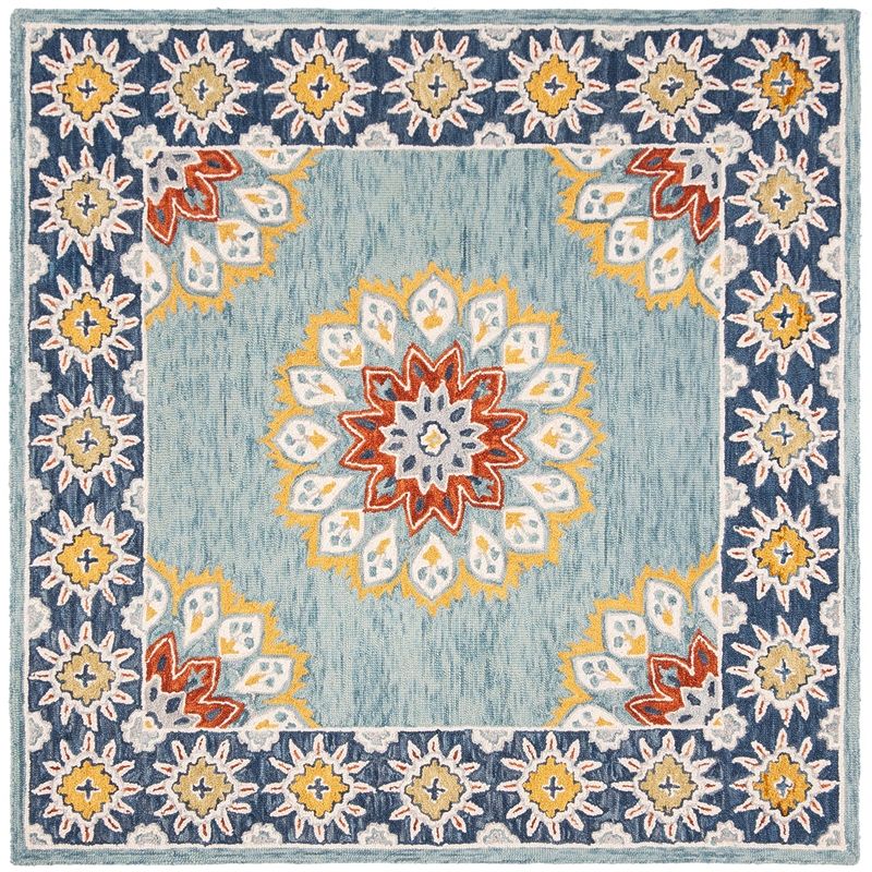 Safavieh Blossom 6' Square Hand Tufted Wool Rug in Blue and Gold
