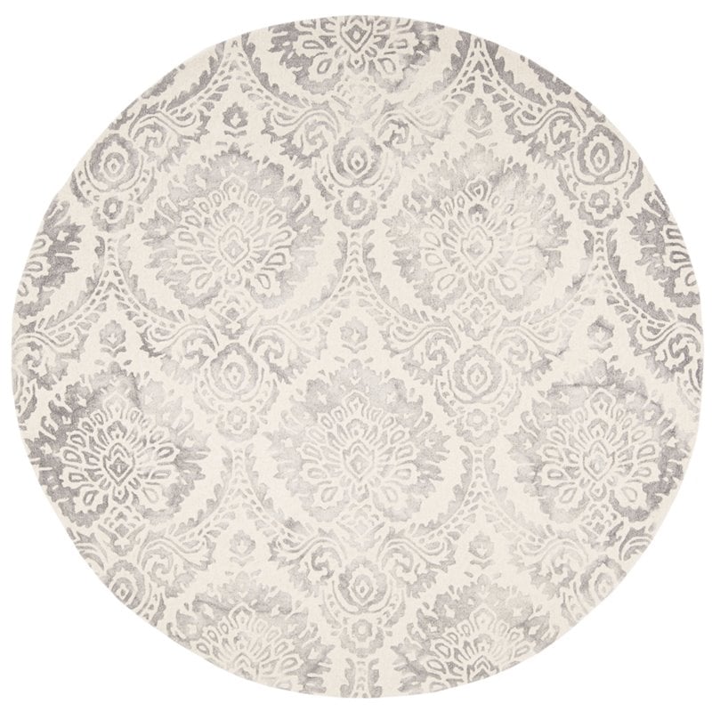 Safavieh Dip Dye 7' Round Hand Tufted Wool Rug in Silver and Ivory