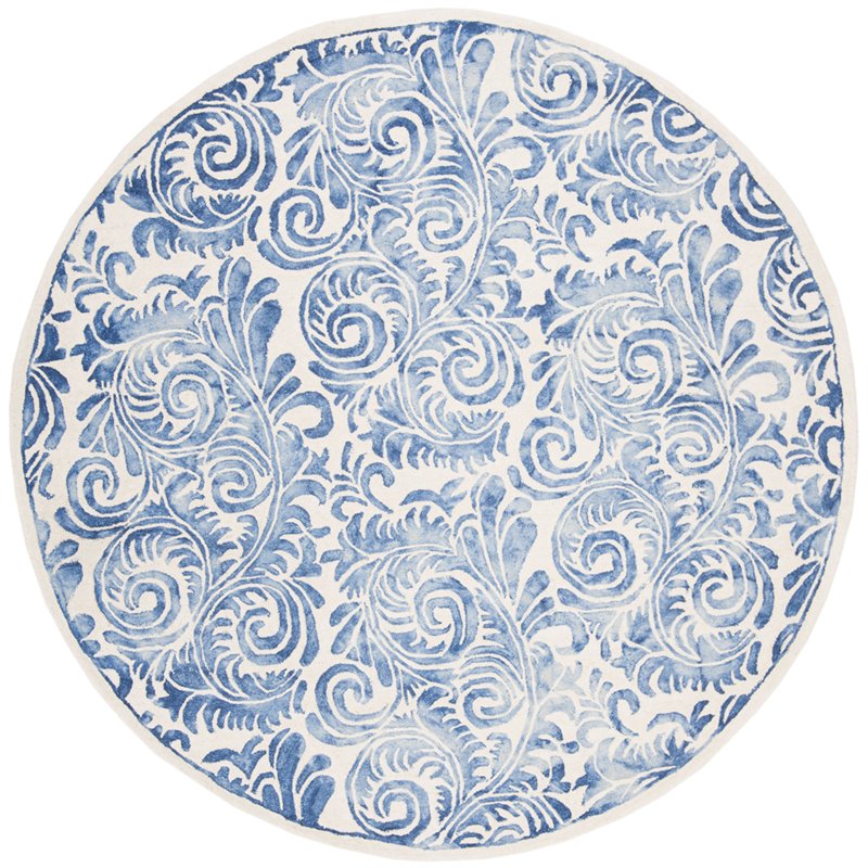 Safavieh Dip Dye 7' Round Hand Tufted Wool Rug in Blue and Ivory