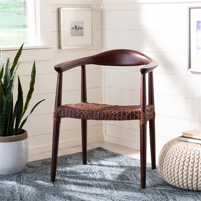 Safavieh Juneau Wood and Leather Woven Accent Chair in Walnut / Brown
