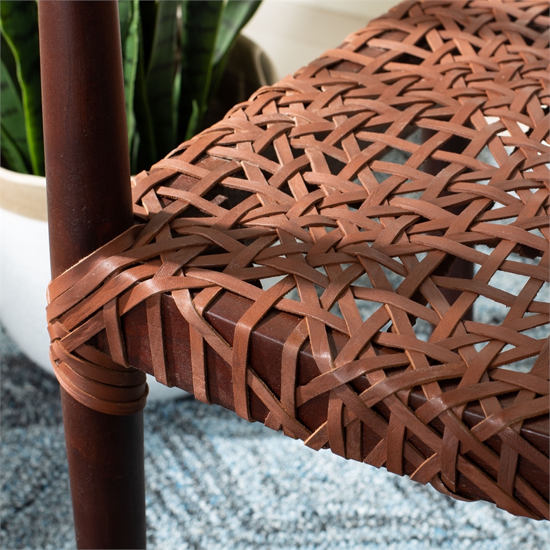 Safavieh Juneau Wood and Leather Woven Accent Chair in Walnut / Brown