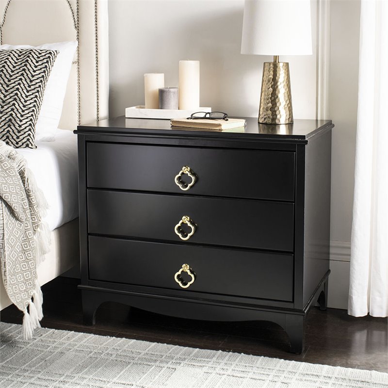 Safavieh Hannon 3-Drawers Wood Bedroom Nightstand in Black/Brass