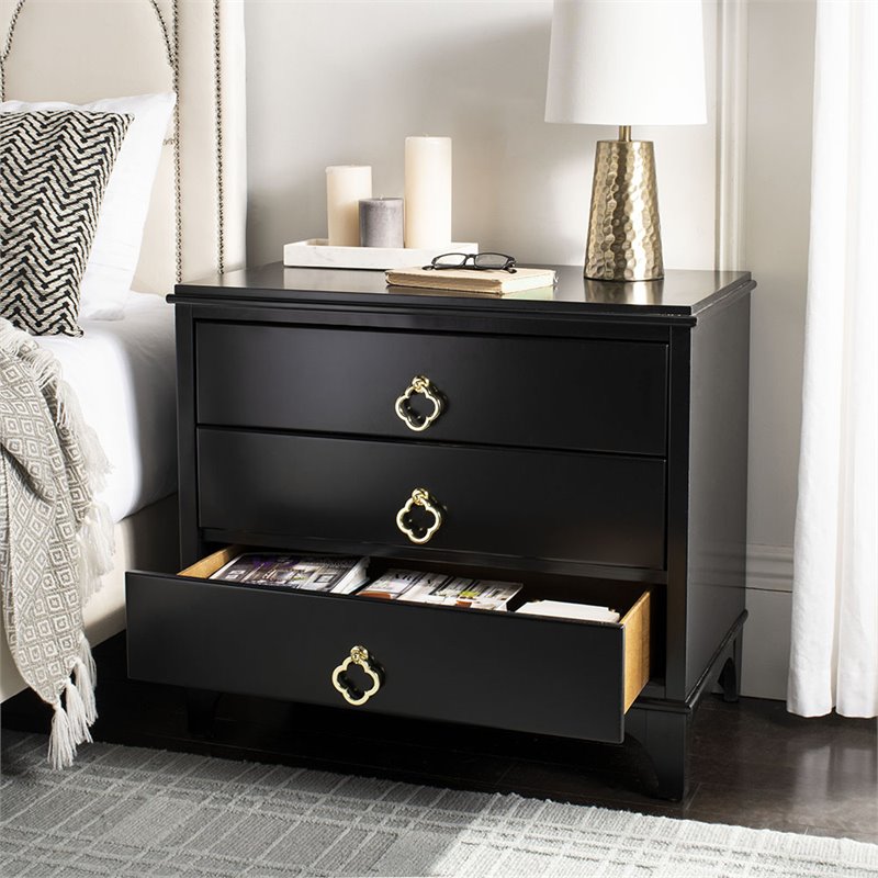 Safavieh Hannon 3-Drawers Wood Bedroom Nightstand in Black/Brass