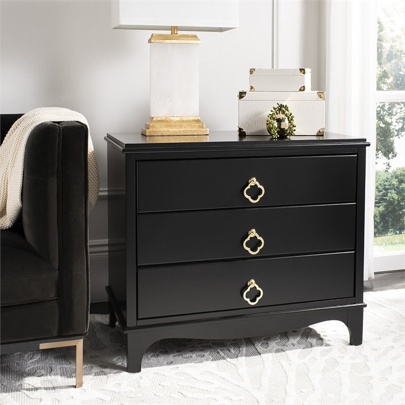 Safavieh Hannon 3-Drawers Wood Bedroom Nightstand in Black/Brass