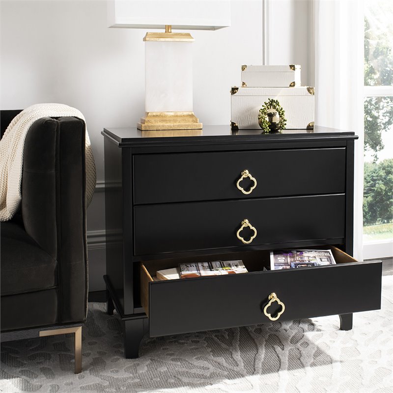 Safavieh Hannon 3-Drawers Wood Bedroom Nightstand in Black/Brass
