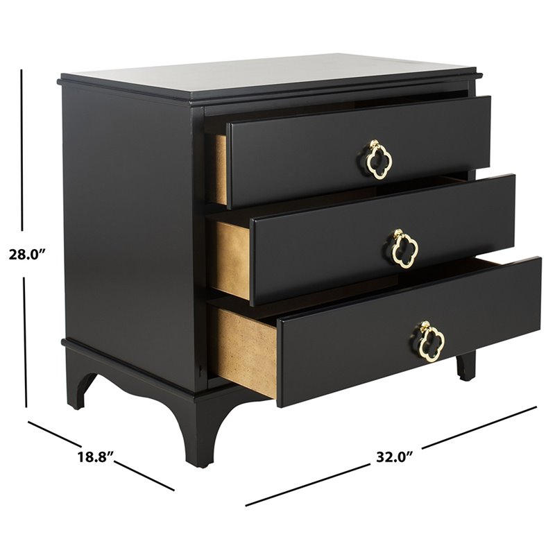 Safavieh Hannon 3-Drawers Wood Bedroom Nightstand in Black/Brass