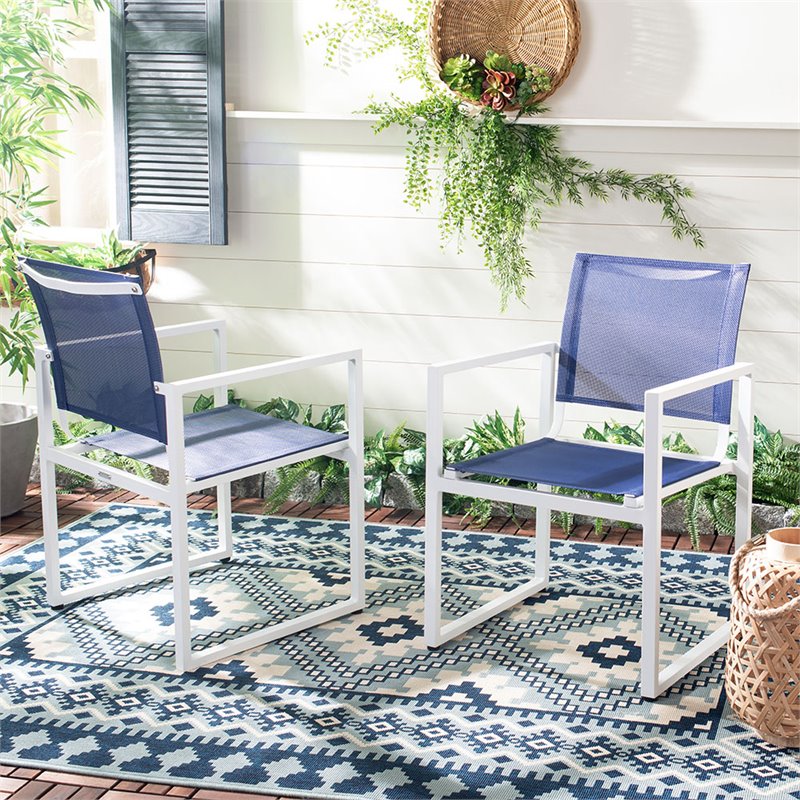 Safavieh Neval Stackable Patio Chair in Navy and White (Set of 2)