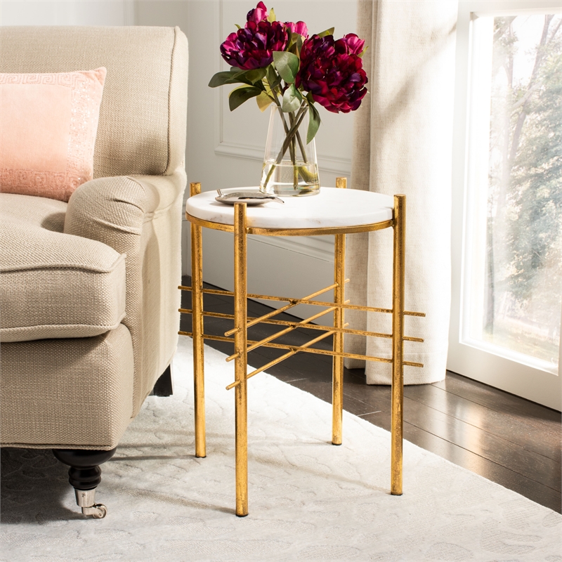 Safavieh Jenesis Round Marble and Iron Accent Table in White / Gold