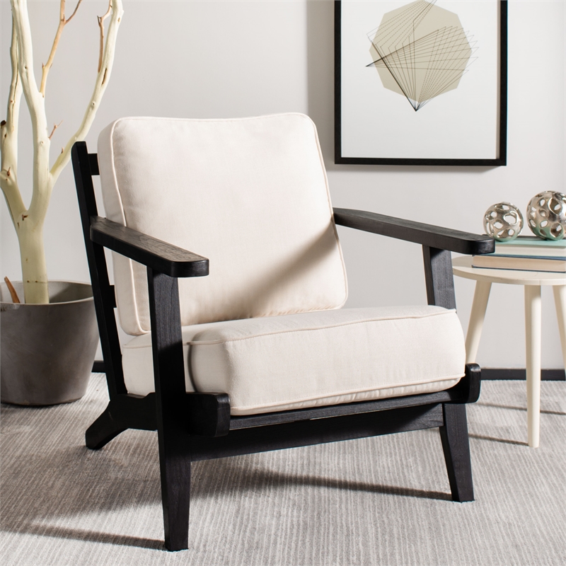 Safavieh Nico Mid Century Wood and Linen Accent Chair in White / Black