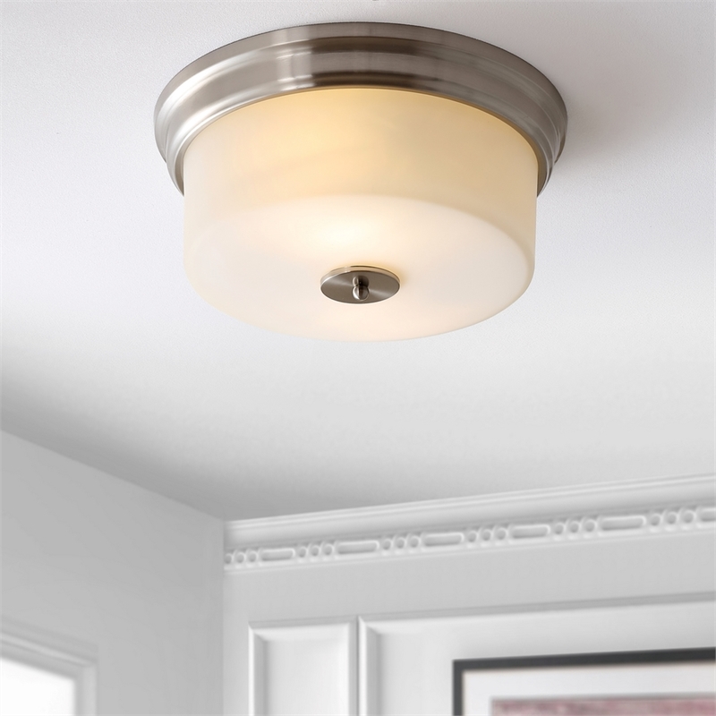 Safavieh Dalen Iron and Glass Flush Mount in White / Brushed Nickel