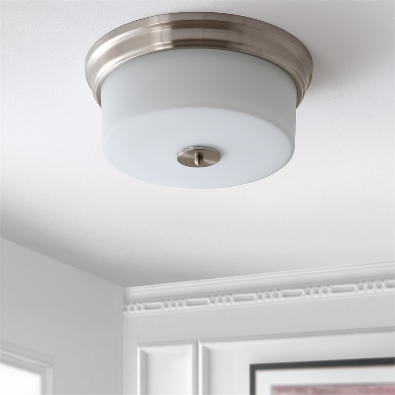 Safavieh Dalen Iron and Glass Flush Mount in White / Brushed Nickel