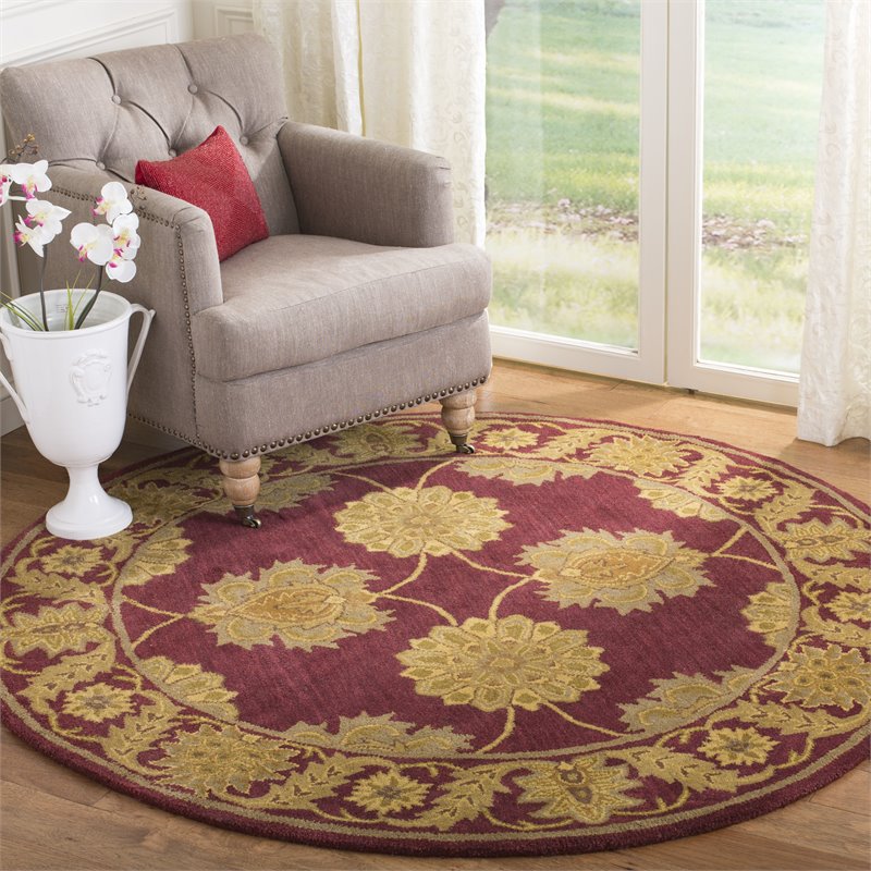 Safavieh Heritage 6' Round Hand Tufted Wool Rug in Maroon
