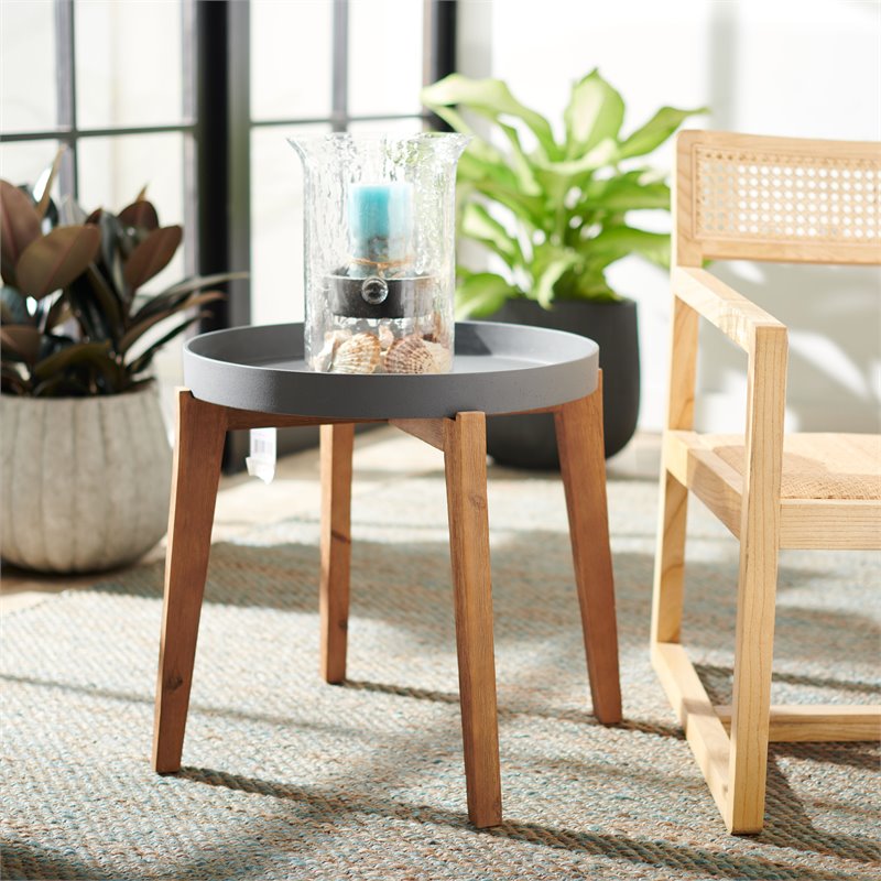 Safavieh Charlen Acacia Wood/Sandstone Outdoor Side Table in Natural and Gray