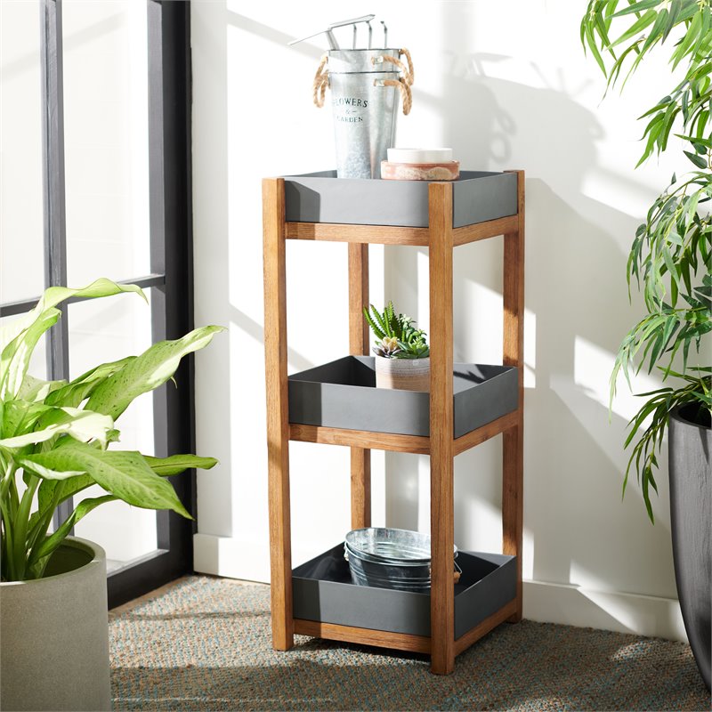 Safavieh Artria Acacia Wood/Sandstone Outdoor Shelf in Natural and Gray