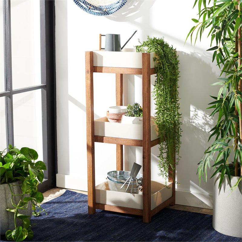 Safavieh Artria Acacia Wood/Sandstone Outdoor Shelf in Natural and Beige