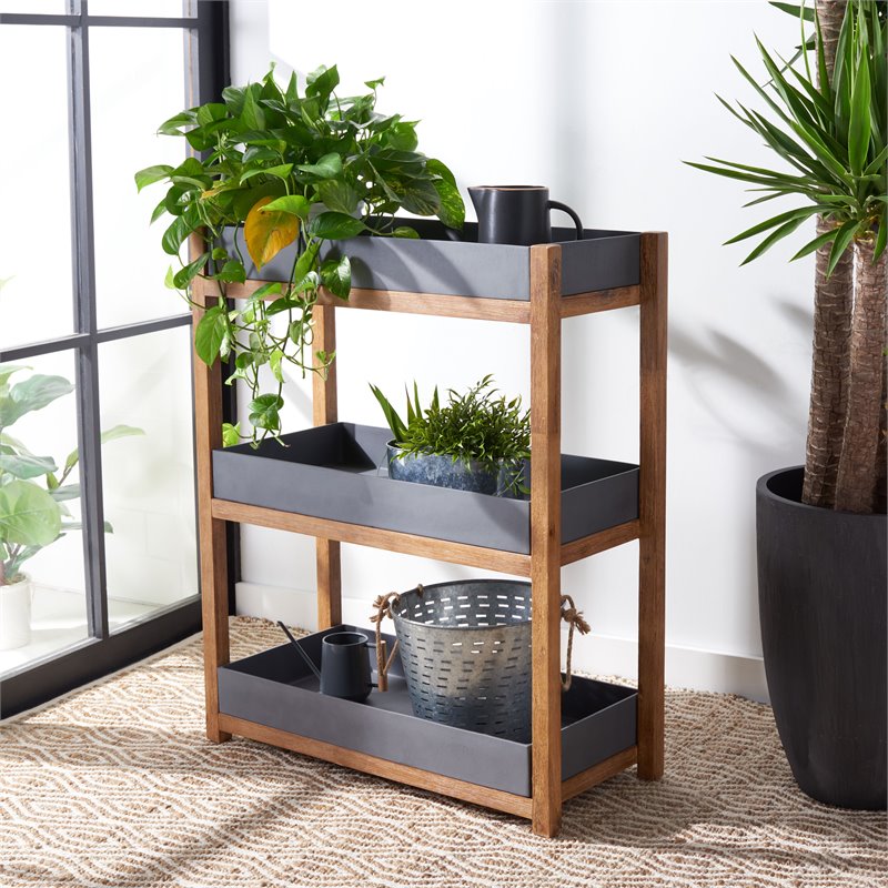 Safavieh Semli Acacia Wood/Sandstone Outdoor Shelf in Natural and Gray